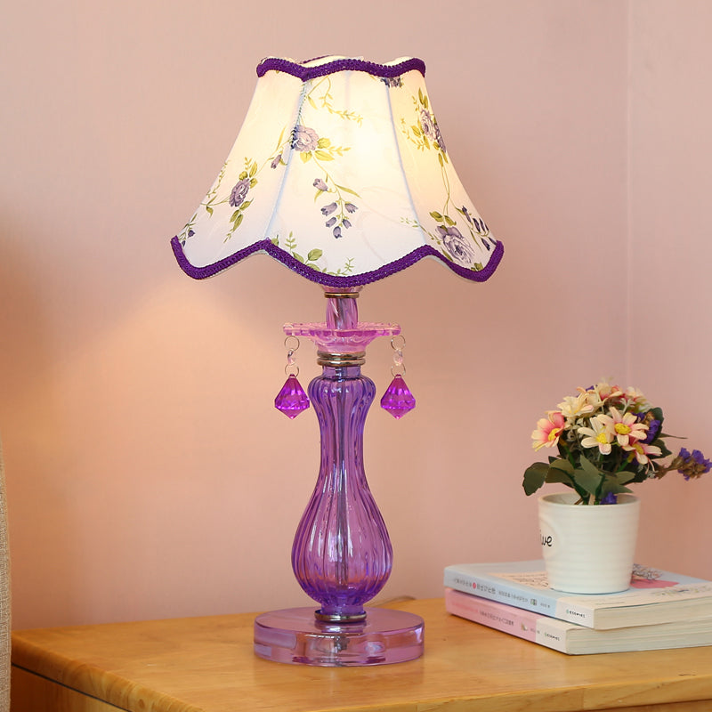 Romantic Pastoral 1 Light Night Lamp Purple Cone/Scalloped Nightstand Light with Fabric Shade and Crystal Accent Purple D Clearhalo 'Lamps' 'Table Lamps' Lighting' 809678