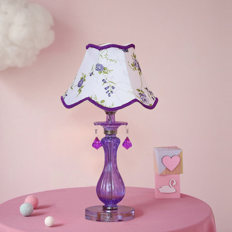 Romantic Pastoral 1 Light Night Lamp Purple Cone/Scalloped Nightstand Light with Fabric Shade and Crystal Accent Clearhalo 'Lamps' 'Table Lamps' Lighting' 809679