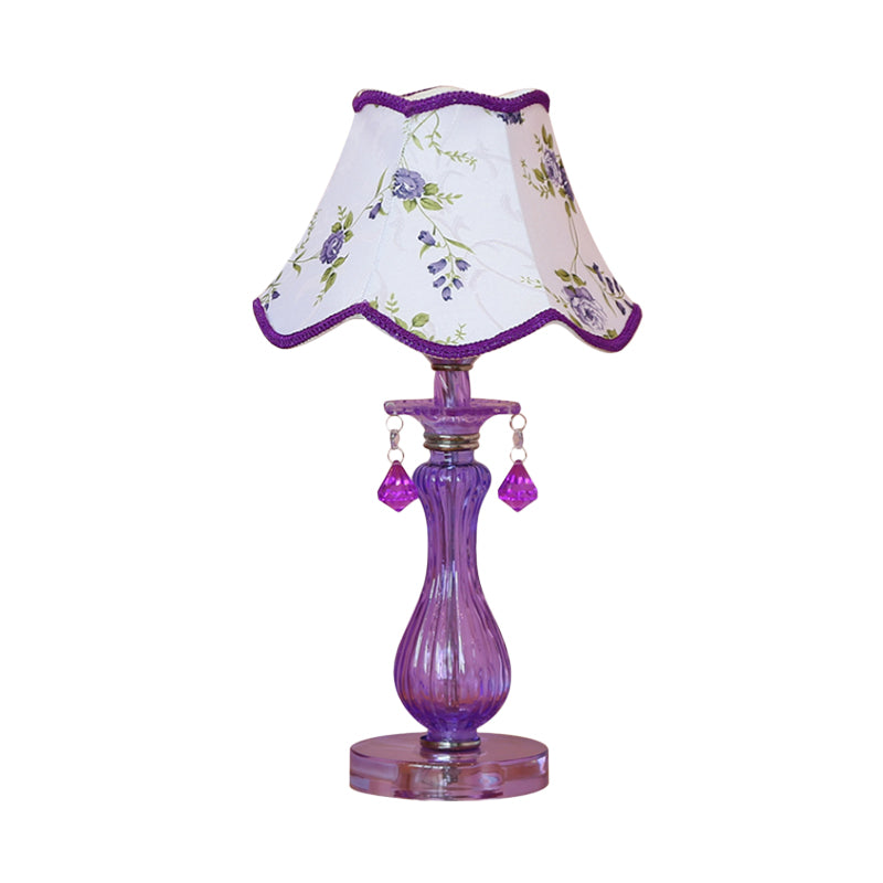 Romantic Pastoral 1 Light Night Lamp Purple Cone/Scalloped Nightstand Light with Fabric Shade and Crystal Accent Clearhalo 'Lamps' 'Table Lamps' Lighting' 809680
