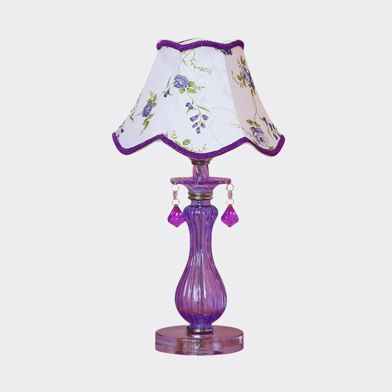 Romantic Pastoral 1 Light Night Lamp Purple Cone/Scalloped Nightstand Light with Fabric Shade and Crystal Accent Clearhalo 'Lamps' 'Table Lamps' Lighting' 809681