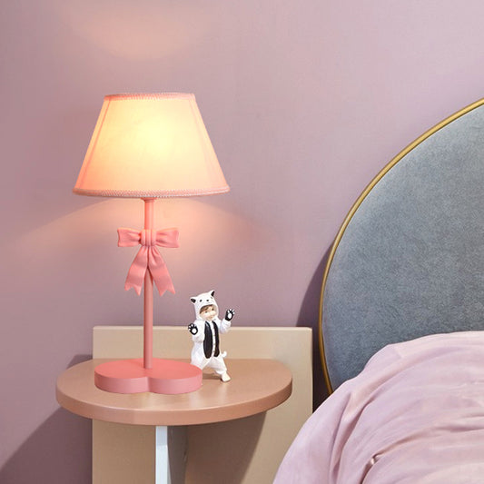 Conical Fabric Night Table Lighting Kids 1-Bulb Pink Nightstand Light with Bow Decoration Pink Clearhalo 'Lamps' 'Table Lamps' Lighting' 809682
