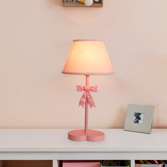 Conical Fabric Night Table Lighting Kids 1-Bulb Pink Nightstand Light with Bow Decoration Clearhalo 'Lamps' 'Table Lamps' Lighting' 809683