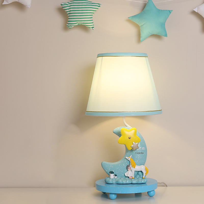 Fabric Cone Night Table Lamp Cartoon 1-Head Blue Nightstand Lighting with Moon and Star Base Blue Clearhalo 'Lamps' 'Table Lamps' Lighting' 809686