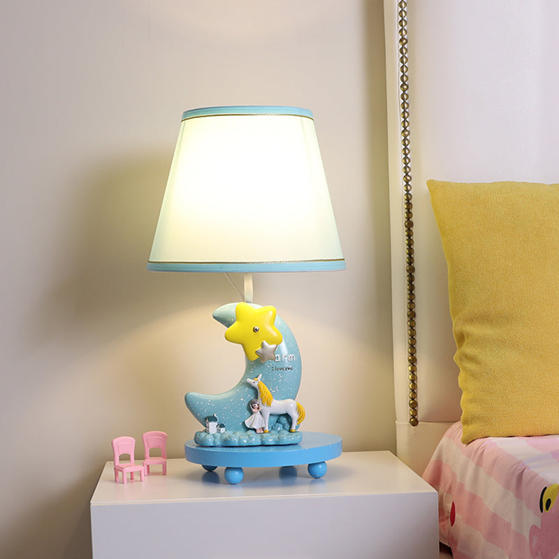 Fabric Cone Night Table Lamp Cartoon 1-Head Blue Nightstand Lighting with Moon and Star Base Clearhalo 'Lamps' 'Table Lamps' Lighting' 809687