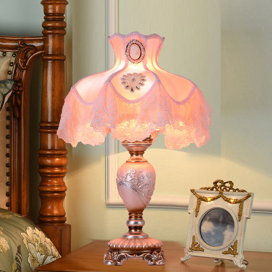 Korean Flower Vase Table Light Resin 1 Bulb Living Room Nightstand Lamp in Pink with Lace Trim Pink Clearhalo 'Lamps' 'Table Lamps' Lighting' 809710