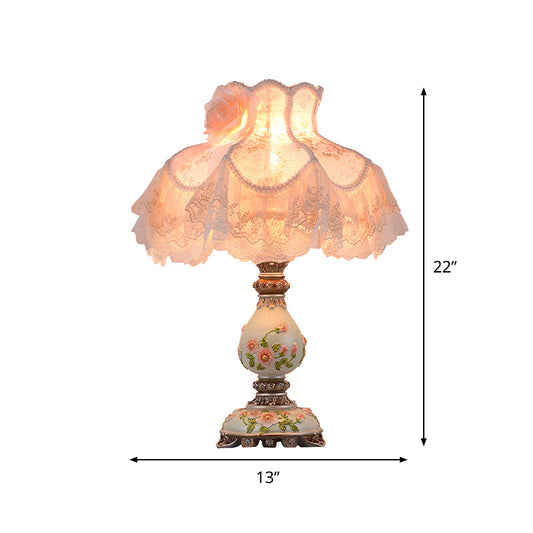Contemporary 1 Light Night Lamp Beige Lace Trim Table Lighting with Fabric Shade and Carved Base Clearhalo 'Lamps' 'Table Lamps' Lighting' 809725
