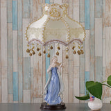 Fabric Wave Trim Table Lighting Vintage 1 Light Beige Night Light with Ceramic Woman Design Beige Clearhalo 'Lamps' 'Table Lamps' Lighting' 809754