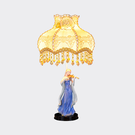Fabric Wave Trim Table Lighting Vintage 1 Light Beige Night Light with Ceramic Woman Design Clearhalo 'Lamps' 'Table Lamps' Lighting' 809756