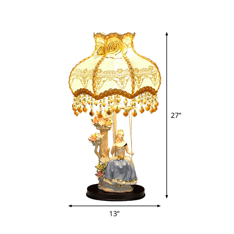 Romantic Pastoral Scalloped Night Lamp Fabric 1 Bulb Bedroom Table Light in Beige with Ceramic Figure Design Clearhalo 'Lamps' 'Table Lamps' Lighting' 809765