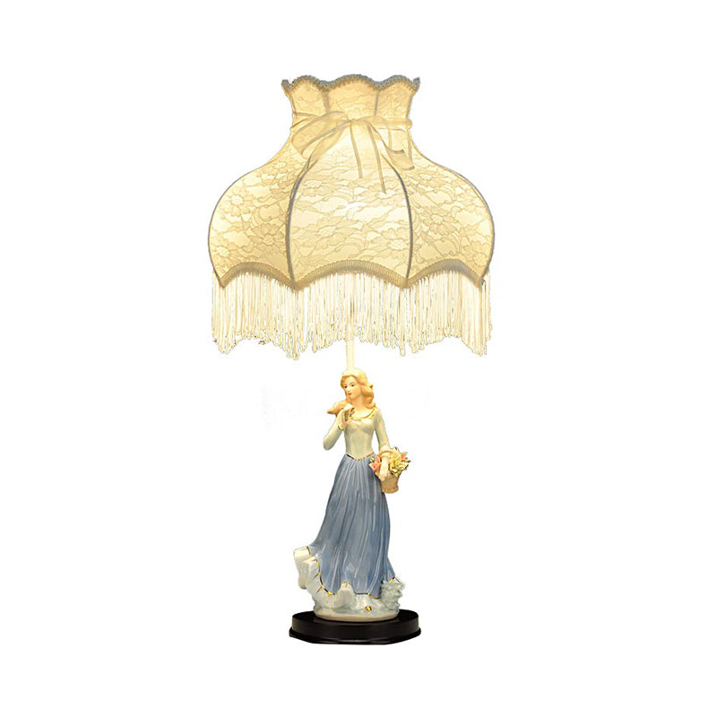 Single Bedroom Night Lighting Countryside White Table Lamp with Fabric Shade and Ceramic Girl Decor Clearhalo 'Lamps' 'Table Lamps' Lighting' 809787