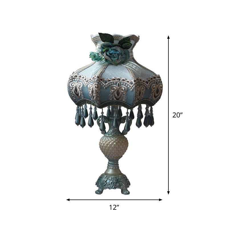 Peacock Blue Vase Night Light Vintage 1 Bulb Resin Nightstand Lighting with Fabric Shade Clearhalo 'Lamps' 'Table Lamps' Lighting' 809809