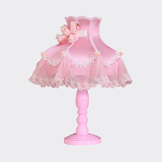 Kids Lace Edge Table Lighting Fabric 1-Light Girls Bedroom Nightstand Lamp in Pink with Rose Decor Clearhalo 'Lamps' 'Table Lamps' Lighting' 809828