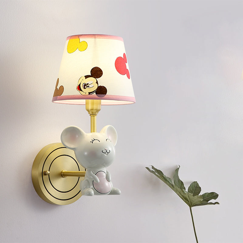 Single Head Bedroom Wall Light Fixture Cartoon Gold Sconce with Barrel Fabric Shade and Mouse Deco Gold Clearhalo 'Wall Lamps & Sconces' 'Wall Lights' Lighting' 809842