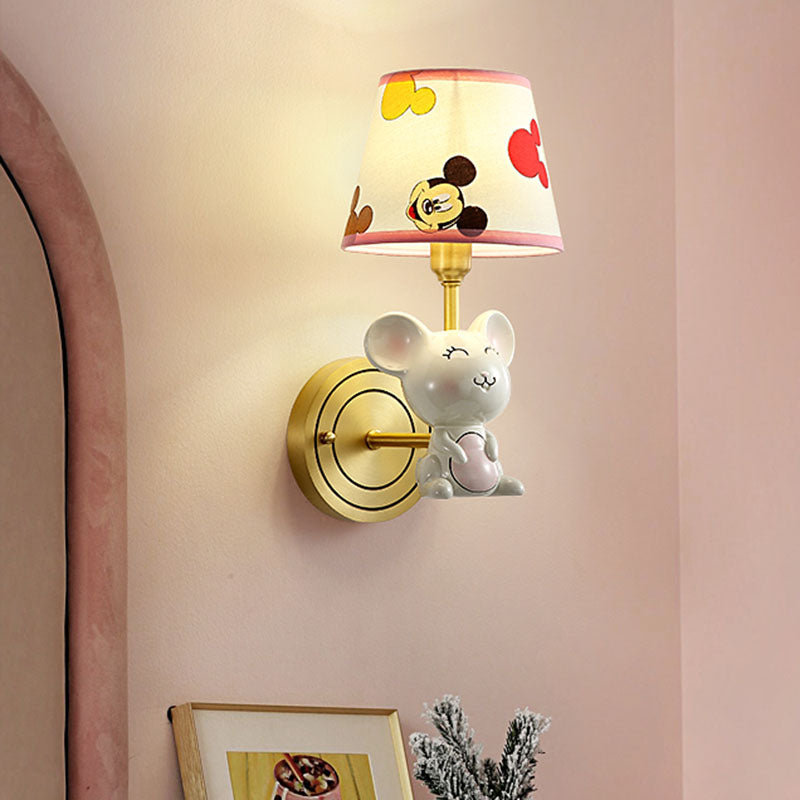 Single Head Bedroom Wall Light Fixture Cartoon Gold Sconce with Barrel Fabric Shade and Mouse Deco Clearhalo 'Wall Lamps & Sconces' 'Wall Lights' Lighting' 809843