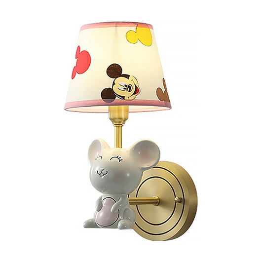 Single Head Bedroom Wall Light Fixture Cartoon Gold Sconce with Barrel Fabric Shade and Mouse Deco Clearhalo 'Wall Lamps & Sconces' 'Wall Lights' Lighting' 809844