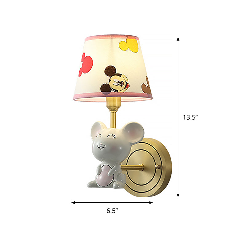 Single Head Bedroom Wall Light Fixture Cartoon Gold Sconce with Barrel Fabric Shade and Mouse Deco Clearhalo 'Wall Lamps & Sconces' 'Wall Lights' Lighting' 809845