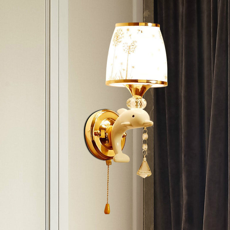 Dolphin Base Bedside Wall Mount Light Metal 1/2 Lights Kids Sconce Light Fixture in White with Pull Chain 1.0 White Clearhalo 'Wall Lamps & Sconces' 'Wall Lights' Lighting' 809846