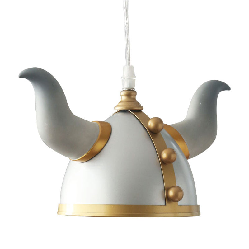 Ox Horn Helmet Hanging Light Fixture Nordic Metal Single Bulb Gray Pendant Lamp for Bedroom Clearhalo 'Ceiling Lights' 'Pendant Lights' 'Pendants' Lighting' 809857