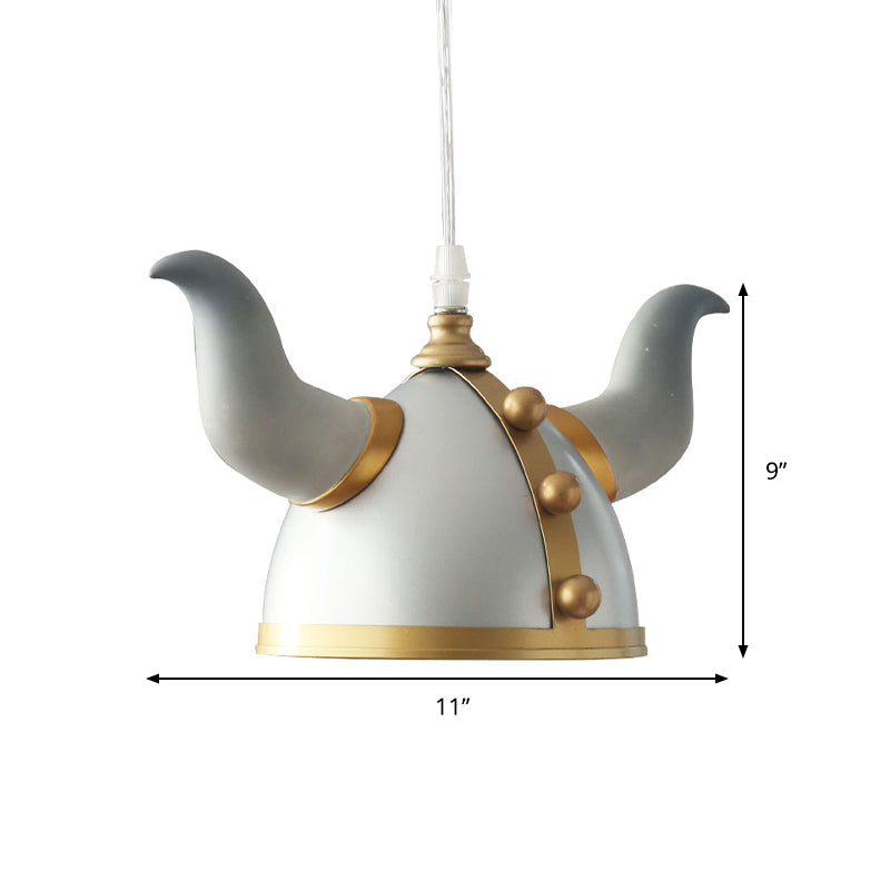 Ox Horn Helmet Hanging Light Fixture Nordic Metal Single Bulb Gray Pendant Lamp for Bedroom Clearhalo 'Ceiling Lights' 'Pendant Lights' 'Pendants' Lighting' 809858