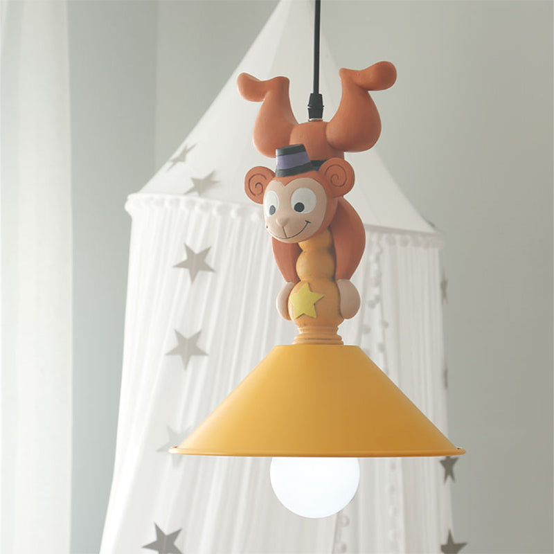 Kids Cartoon Monkey Ceiling Light Resin 1/3 Lamps Bedroom Hanging Pendant in Yellow with Cone Shade Clearhalo 'Ceiling Lights' 'Pendant Lights' 'Pendants' Lighting' 809859