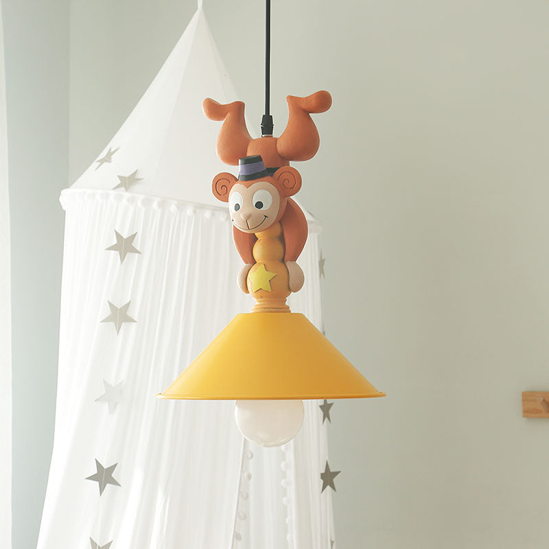 Kids Cartoon Monkey Ceiling Light Resin 1/3 Lamps Bedroom Hanging Pendant in Yellow with Cone Shade Clearhalo 'Ceiling Lights' 'Pendant Lights' 'Pendants' Lighting' 809860