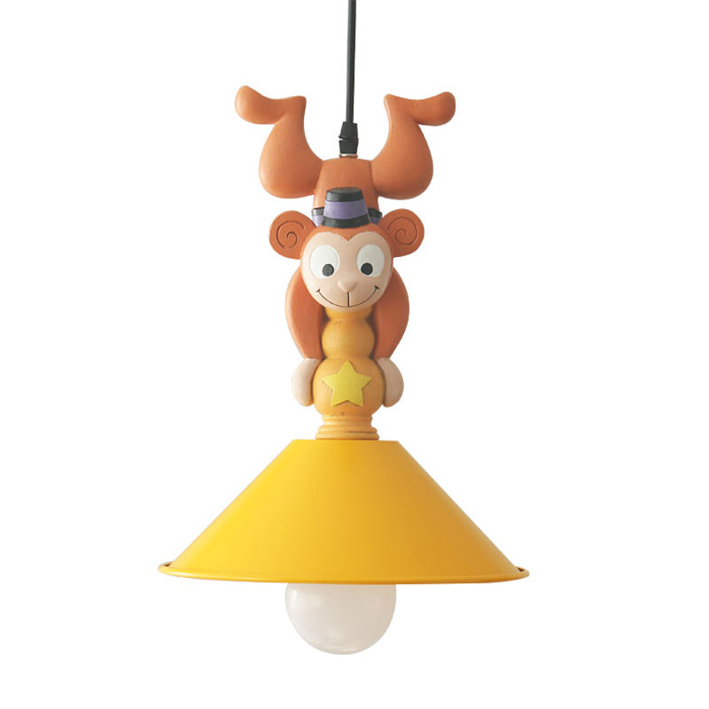 Kids Cartoon Monkey Ceiling Light Resin 1/3 Lamps Bedroom Hanging Pendant in Yellow with Cone Shade Clearhalo 'Ceiling Lights' 'Pendant Lights' 'Pendants' Lighting' 809861