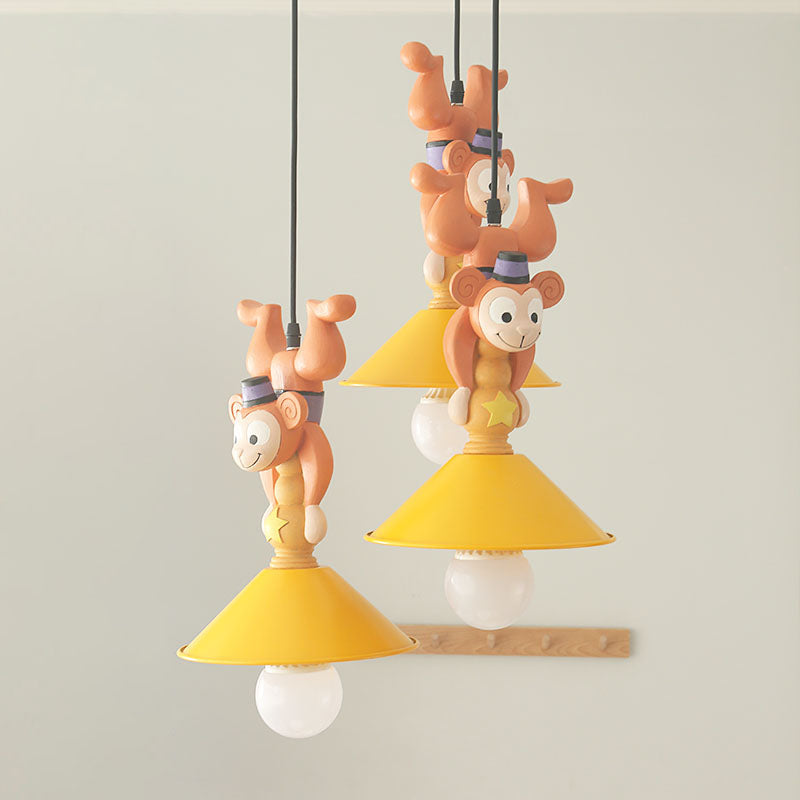 Kids Cartoon Monkey Ceiling Light Resin 1/3 Lamps Bedroom Hanging Pendant in Yellow with Cone Shade Clearhalo 'Ceiling Lights' 'Pendant Lights' 'Pendants' Lighting' 809863