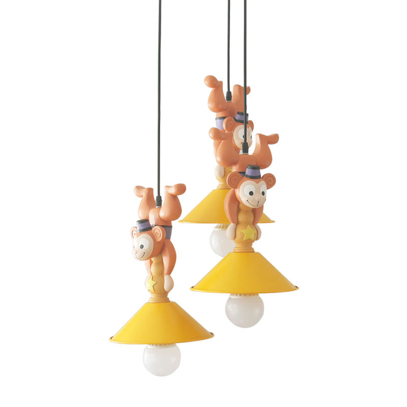 Kids Cartoon Monkey Ceiling Light Resin 1/3 Lamps Bedroom Hanging Pendant in Yellow with Cone Shade Clearhalo 'Ceiling Lights' 'Pendant Lights' 'Pendants' Lighting' 809865