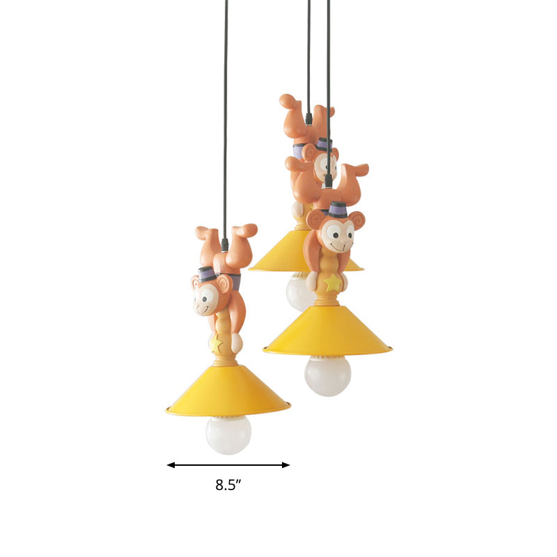 Kids Cartoon Monkey Ceiling Light Resin 1/3 Lamps Bedroom Hanging Pendant in Yellow with Cone Shade Clearhalo 'Ceiling Lights' 'Pendant Lights' 'Pendants' Lighting' 809867