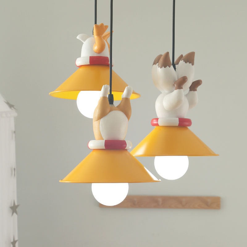 Metal Cone Multi Ceiling Light Cartoon 3 Bulbs Yellow Pendant Light Fixture with Animals Resin Deco Clearhalo 'Ceiling Lights' 'Pendant Lights' 'Pendants' Lighting' 809880