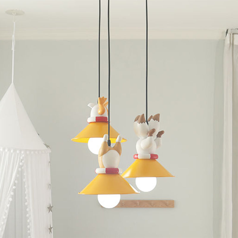 Metal Cone Multi Ceiling Light Cartoon 3 Bulbs Yellow Pendant Light Fixture with Animals Resin Deco Clearhalo 'Ceiling Lights' 'Pendant Lights' 'Pendants' Lighting' 809881