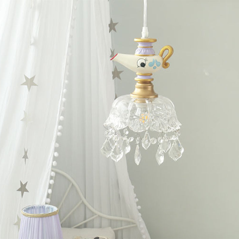 White Teapot Pendant Light Kids 1/4 Lights Clear Glass Hanging Ceiling Light for Bedroom Clearhalo 'Ceiling Lights' 'Pendant Lights' 'Pendants' Lighting' 809909