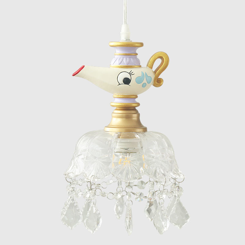 White Teapot Pendant Light Kids 1/4 Lights Clear Glass Hanging Ceiling Light for Bedroom Clearhalo 'Ceiling Lights' 'Pendant Lights' 'Pendants' Lighting' 809911