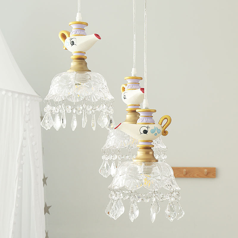 White Teapot Pendant Light Kids 1/4 Lights Clear Glass Hanging Ceiling Light for Bedroom Clearhalo 'Ceiling Lights' 'Pendant Lights' 'Pendants' Lighting' 809913