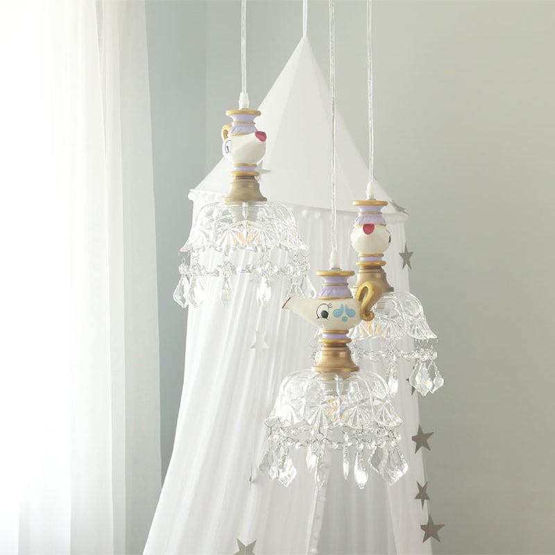 White Teapot Pendant Light Kids 1/4 Lights Clear Glass Hanging Ceiling Light for Bedroom Clearhalo 'Ceiling Lights' 'Pendant Lights' 'Pendants' Lighting' 809914