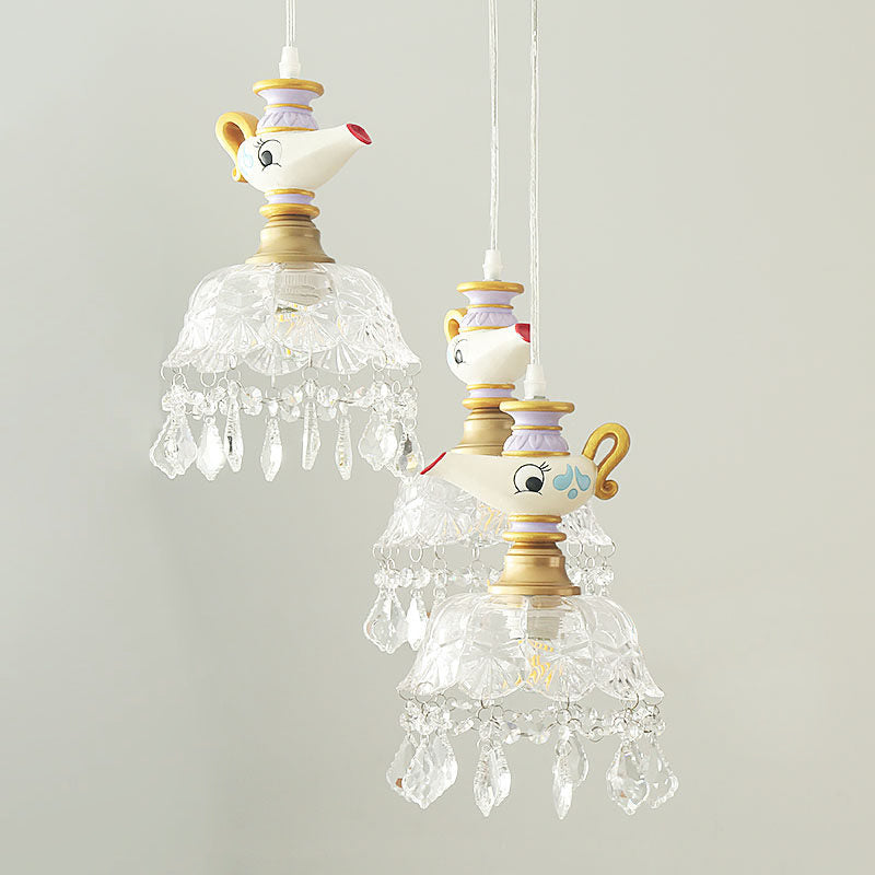 White Teapot Pendant Light Kids 1/4 Lights Clear Glass Hanging Ceiling Light for Bedroom Clearhalo 'Ceiling Lights' 'Pendant Lights' 'Pendants' Lighting' 809916