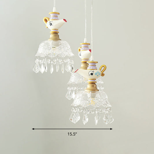 White Teapot Pendant Light Kids 1/4 Lights Clear Glass Hanging Ceiling Light for Bedroom Clearhalo 'Ceiling Lights' 'Pendant Lights' 'Pendants' Lighting' 809917