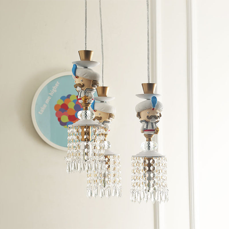 Puppet Bedroom Hanging Light Fixture Metal 1/3 Lights Modern Pendant Lighting in White with Crystal Drop Clearhalo 'Ceiling Lights' 'Pendant Lights' 'Pendants' Lighting' 809928