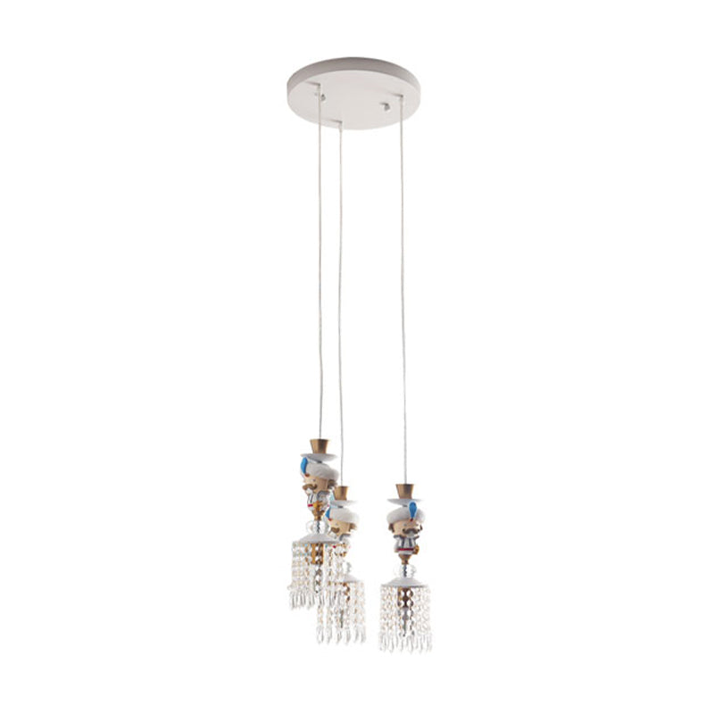 Puppet Bedroom Hanging Light Fixture Metal 1/3 Lights Modern Pendant Lighting in White with Crystal Drop Clearhalo 'Ceiling Lights' 'Pendant Lights' 'Pendants' Lighting' 809929