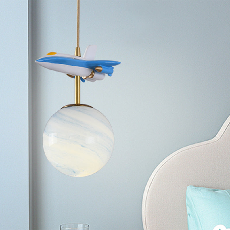 Airplane Ceiling Pendant Light Kids Metal 1 Light White/Blue Suspension Light for Bedroom Clearhalo 'Ceiling Lights' 'Pendant Lights' 'Pendants' Lighting' 809935