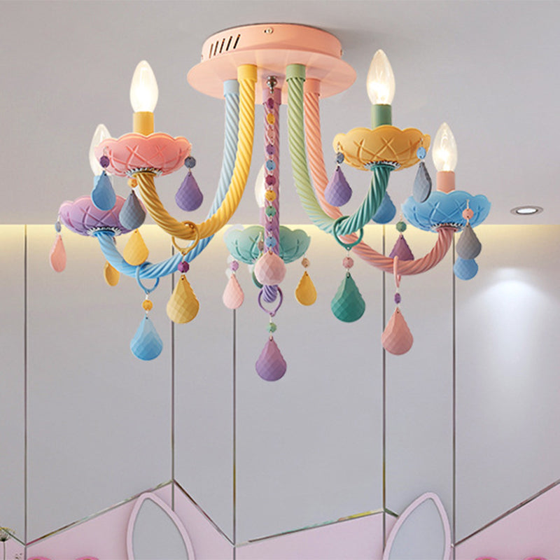 Candelabra Bedroom Semi-Flush Mount Metal 5/6 Lights Macaron Close to Ceiling Fixtures in Blue-Pink-Yellow 5 Blue-Pink-Yellow Clearhalo 'Ceiling Lights' 'Close To Ceiling Lights' 'Close to ceiling' 'Glass shade' 'Glass' 'Semi-flushmount' Lighting' 809971