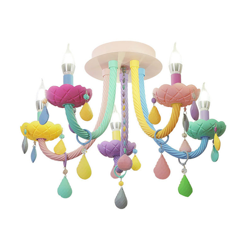 Candelabra Bedroom Semi-Flush Mount Metal 5/6 Lights Macaron Close to Ceiling Fixtures in Blue-Pink-Yellow Clearhalo 'Ceiling Lights' 'Close To Ceiling Lights' 'Close to ceiling' 'Glass shade' 'Glass' 'Semi-flushmount' Lighting' 809973