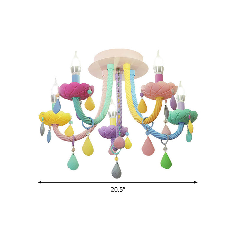 Candelabra Bedroom Semi-Flush Mount Metal 5/6 Lights Macaron Close to Ceiling Fixtures in Blue-Pink-Yellow Clearhalo 'Ceiling Lights' 'Close To Ceiling Lights' 'Close to ceiling' 'Glass shade' 'Glass' 'Semi-flushmount' Lighting' 809974