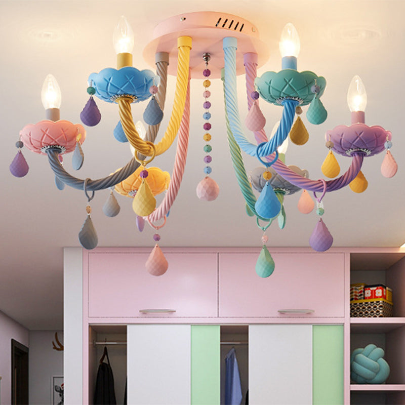 Candelabra Bedroom Semi-Flush Mount Metal 5/6 Lights Macaron Close to Ceiling Fixtures in Blue-Pink-Yellow 6 Blue-Pink-Yellow Clearhalo 'Ceiling Lights' 'Close To Ceiling Lights' 'Close to ceiling' 'Glass shade' 'Glass' 'Semi-flushmount' Lighting' 809975