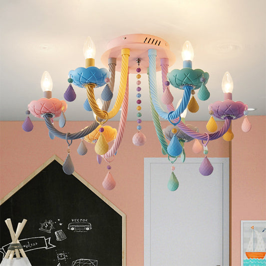 Candelabra Bedroom Semi-Flush Mount Metal 5/6 Lights Macaron Close to Ceiling Fixtures in Blue-Pink-Yellow Clearhalo 'Ceiling Lights' 'Close To Ceiling Lights' 'Close to ceiling' 'Glass shade' 'Glass' 'Semi-flushmount' Lighting' 809976