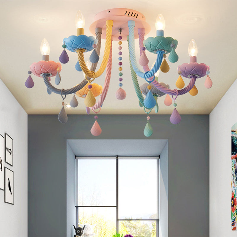 Candelabra Bedroom Semi-Flush Mount Metal 5/6 Lights Macaron Close to Ceiling Fixtures in Blue-Pink-Yellow Clearhalo 'Ceiling Lights' 'Close To Ceiling Lights' 'Close to ceiling' 'Glass shade' 'Glass' 'Semi-flushmount' Lighting' 809977