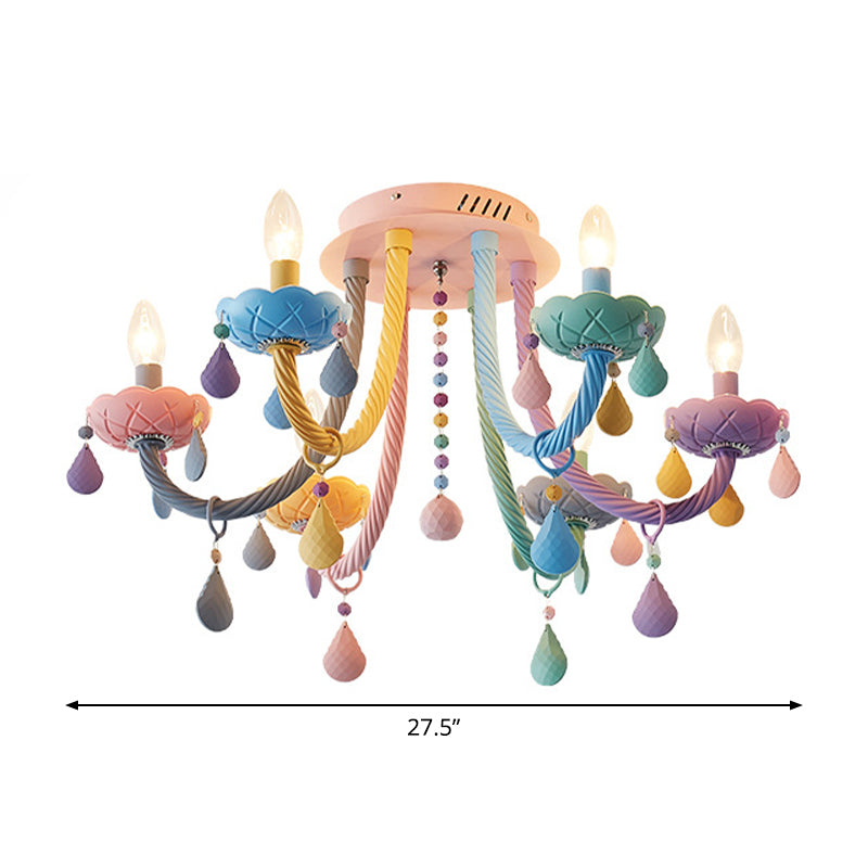 Candelabra Bedroom Semi-Flush Mount Metal 5/6 Lights Macaron Close to Ceiling Fixtures in Blue-Pink-Yellow Clearhalo 'Ceiling Lights' 'Close To Ceiling Lights' 'Close to ceiling' 'Glass shade' 'Glass' 'Semi-flushmount' Lighting' 809979