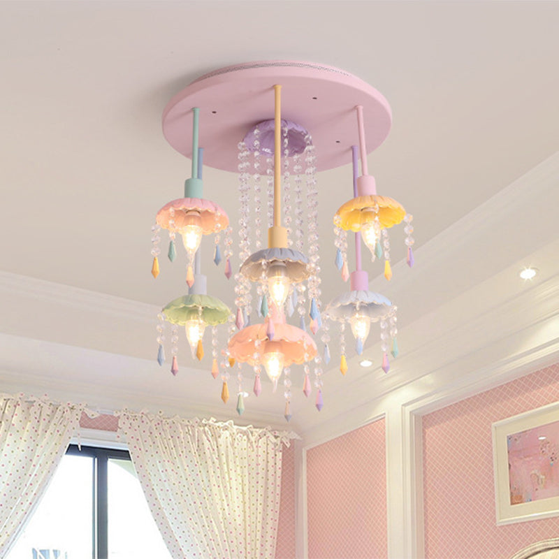 Scallop Shade Ceiling Light Macaron Metal 7 Lights Pink Semi-Flush Mount Light for Bedroom with Crystal Drop Pink Clearhalo 'Ceiling Lights' 'Close To Ceiling Lights' 'Close to ceiling' 'Semi-flushmount' Lighting' 809980