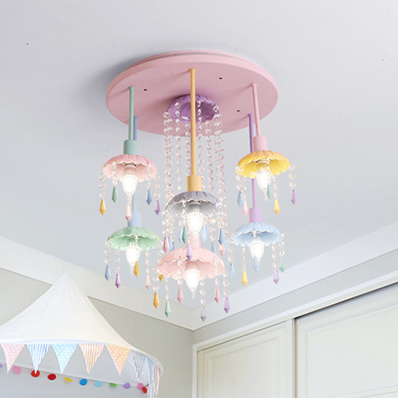 Scallop Shade Ceiling Light Macaron Metal 7 Lights Pink Semi-Flush Mount Light for Bedroom with Crystal Drop Clearhalo 'Ceiling Lights' 'Close To Ceiling Lights' 'Close to ceiling' 'Semi-flushmount' Lighting' 809981