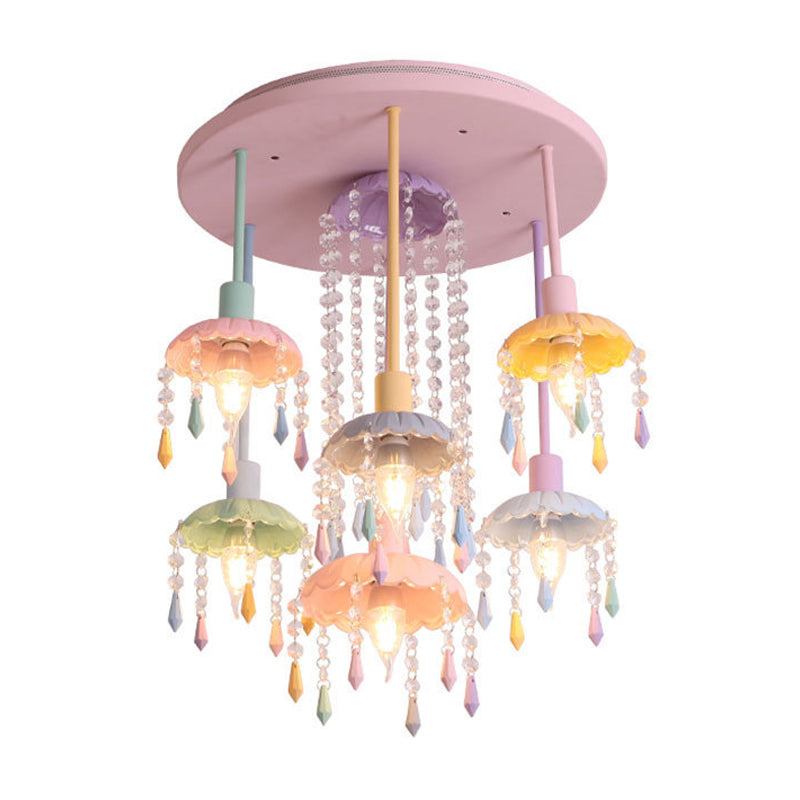 Scallop Shade Ceiling Light Macaron Metal 7 Lights Pink Semi-Flush Mount Light for Bedroom with Crystal Drop Clearhalo 'Ceiling Lights' 'Close To Ceiling Lights' 'Close to ceiling' 'Semi-flushmount' Lighting' 809982